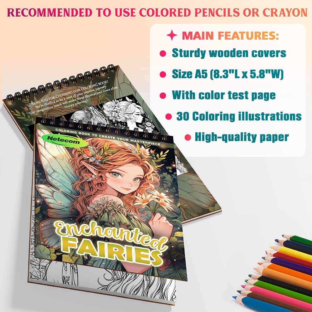 Enchanted Fairies Coloring Book Spiral Bound For Adults, A5 Wooden Cover, 30 Dreamy Coloring Pages of Fairies and Magical Landscapes for Stress Relief and Relaxation