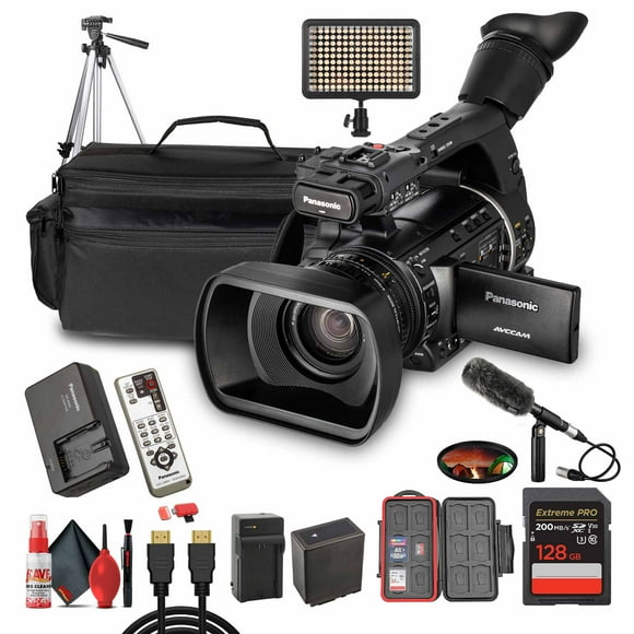 Panasonic AG-AC160 AVCCAM HD Caméscope – Objectif Zoom 22x, Capteur 3 Mos, Doubles Fentes pour Carte SD, Enregistrement 1080p/60p + 2x Carte Mémoire 128 Go + Microphone Externe + Lumière LED + Trépied 72 Pouces + Plus (Ensemble)