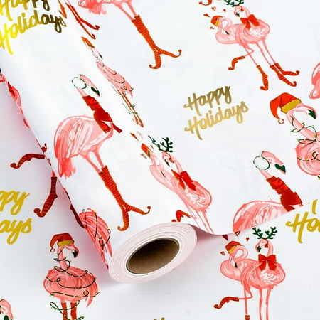 Flyhill Valentine's Day PresNok Wrapping Paper Roll-17 In X 33 Ft(46.8 sqft)-Metallic Foil Romantic Pink Flamingo Patterns with Happy Holiday Letterings for Holiday,Birthday