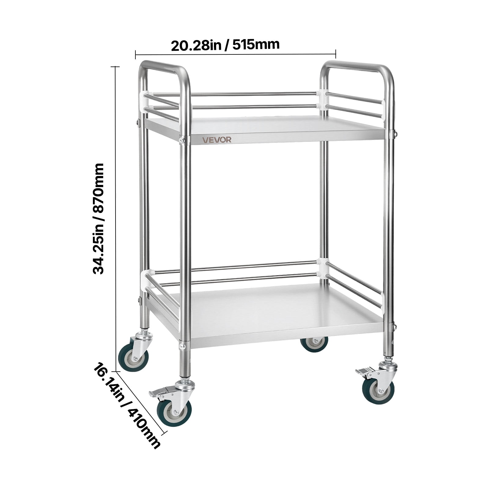 VEVOR Stainless Steel Cart, 2-Tier Rolling Lab Utility Cart with Lockable Wheels, Medical Serving Trolley Clinic Tray, Heavy Duty Mobile Service Storage Tray for Hospital, Restaurant, Kitchen, Salon