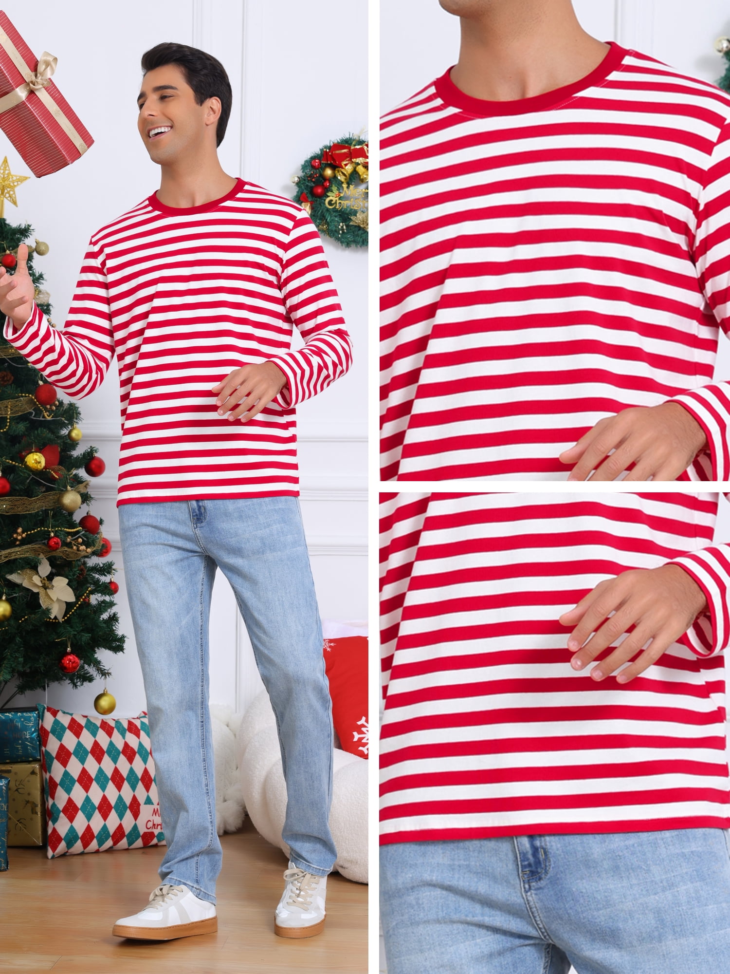DARING DIVA Men's Striped Sweatshirts Stripes Long Sleeve Casual T-Shirt S Red White