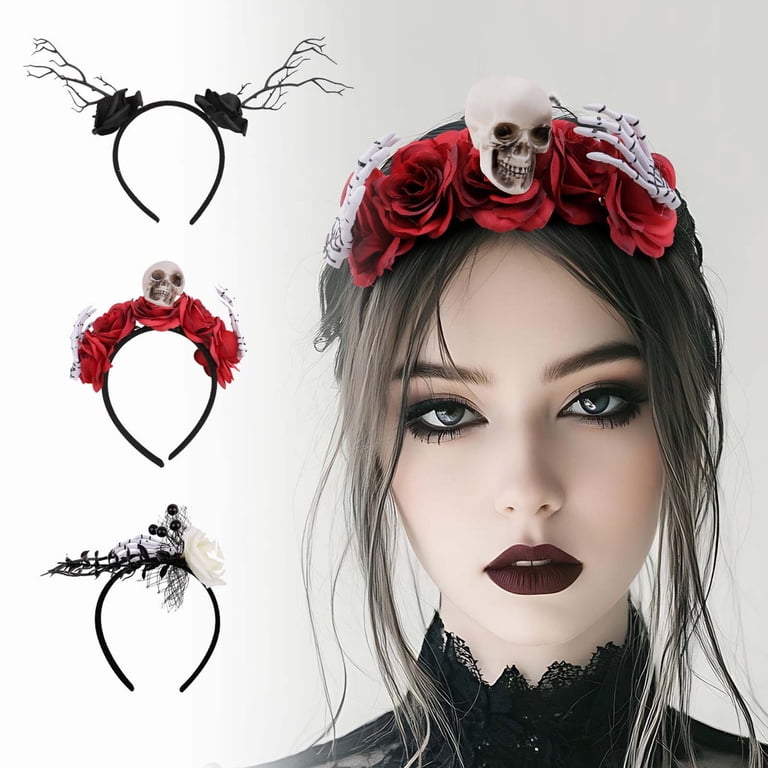 Red Skull Rose Hair Accessory Gothic Bright Red Ruffled Skull Hair Flower Clip Ideal for  main image 2