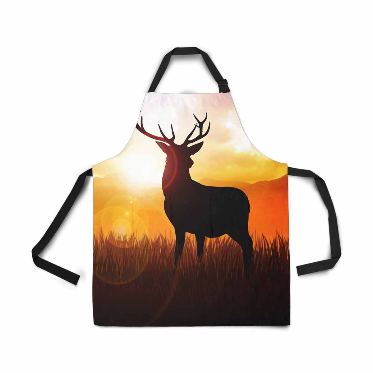 ASHLEIGH Silhouette Deer on Meadow During Sunrise Adjustable Bib Apron for Women Men Girls Chef with Pockets Novelty Kitchen Apron for Cooking Baking Gardening Pet Grooming Cleaning
