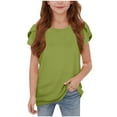 thumbnail image 2 of BLTIBY Girls Short Sleeve Shirts Summer Cute Solid Color Round Neck Pod Sleeve Pleated Blouse Fashion Comfortbale Tops Green 14-15 Years, 2 of 7