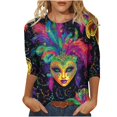 thumbnail image 2 of Cavosen Carnival Day Womens Tops 3/4 Sleeve T Shirt Festival Mardi Gras Round Neck Tops Mask Graphic Print Blouse Holiday Stylish Shirts Loose Going out T-Shirts Party Shrove Tuesday 3XL, 2 of 5