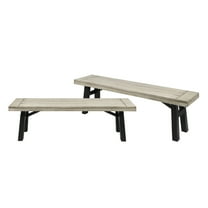 Bettinger Acacia Wood Outdoor Dining Benches, Set of 2, Light Gray Wash and Black