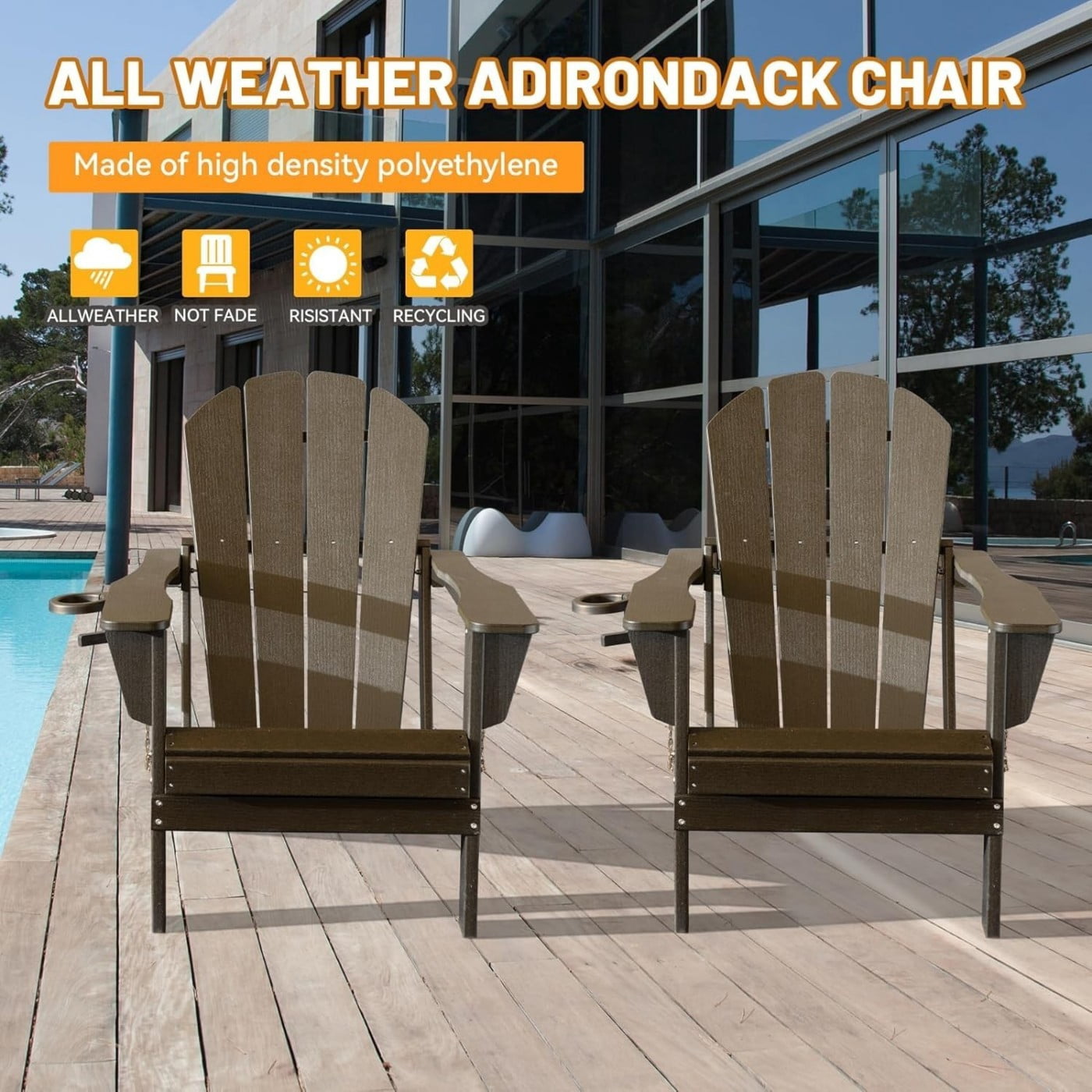 Adirondack Chairs Set of 2, Folding HDPE Outdoor Chairs with Cup Holders, Weather Resistant Patio Chairs with Wood Grain Finish for Lawn, Deck, Fire Pit, Brown