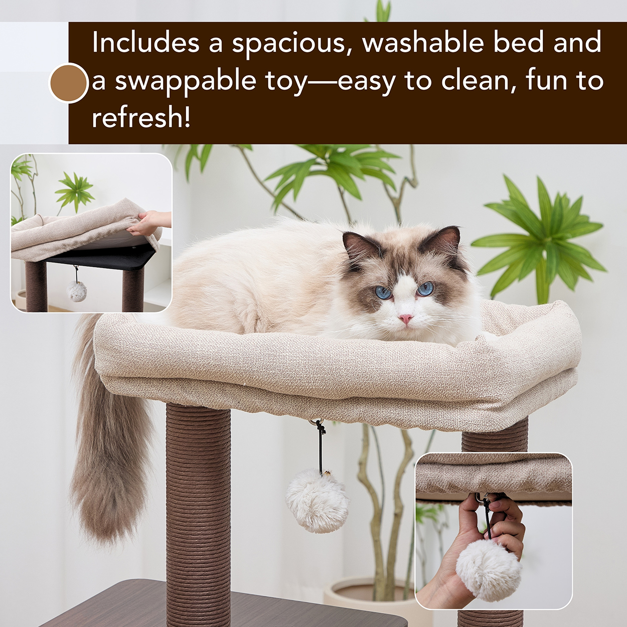 PetPals® Elevate  37” Modern Cat Tree with Recycled Paper Rope Posts, Washable Bed & Condo, Brown