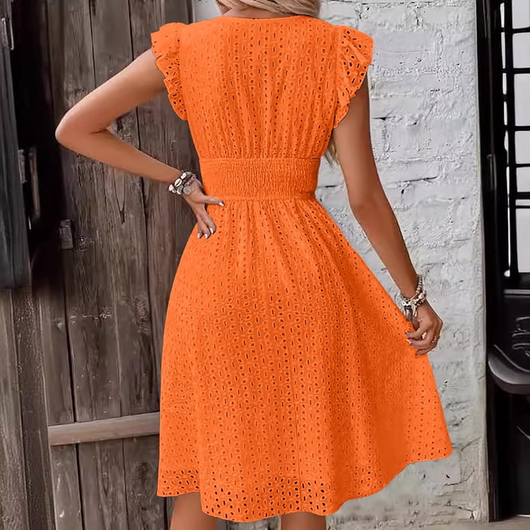 SonxaHe Women's V Neck Eyelet Dress Ruffle Sleeve Smocked Waist Casual  Summer Midi Dress Orange L - Walmart.com