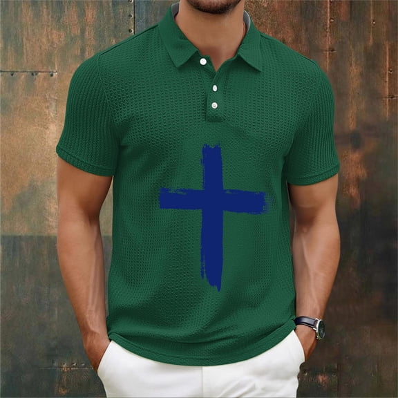 Kalauyu Mens Short Sleeve Turn Down Collar With Button T-Shirts Jesus Cross Printed Shirts