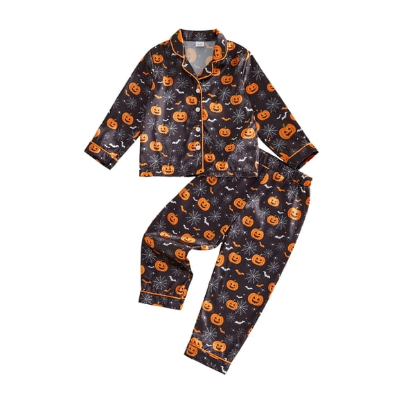 RUINIXCW Toddler Baby Girl Boy Halloween Silk Stain Pajamas Set Kids Little Girl Fall Winter PJS Set Sleepwear Pumpkin Long Sleeve Button Down Shirt and Pants Set Loungewear Homewear
