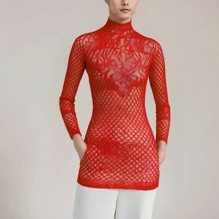 BUYISI Mens Sexy Lingerie Mesh Sheer Tight Body Stockings Fishnet Pantyhose Underwear Red