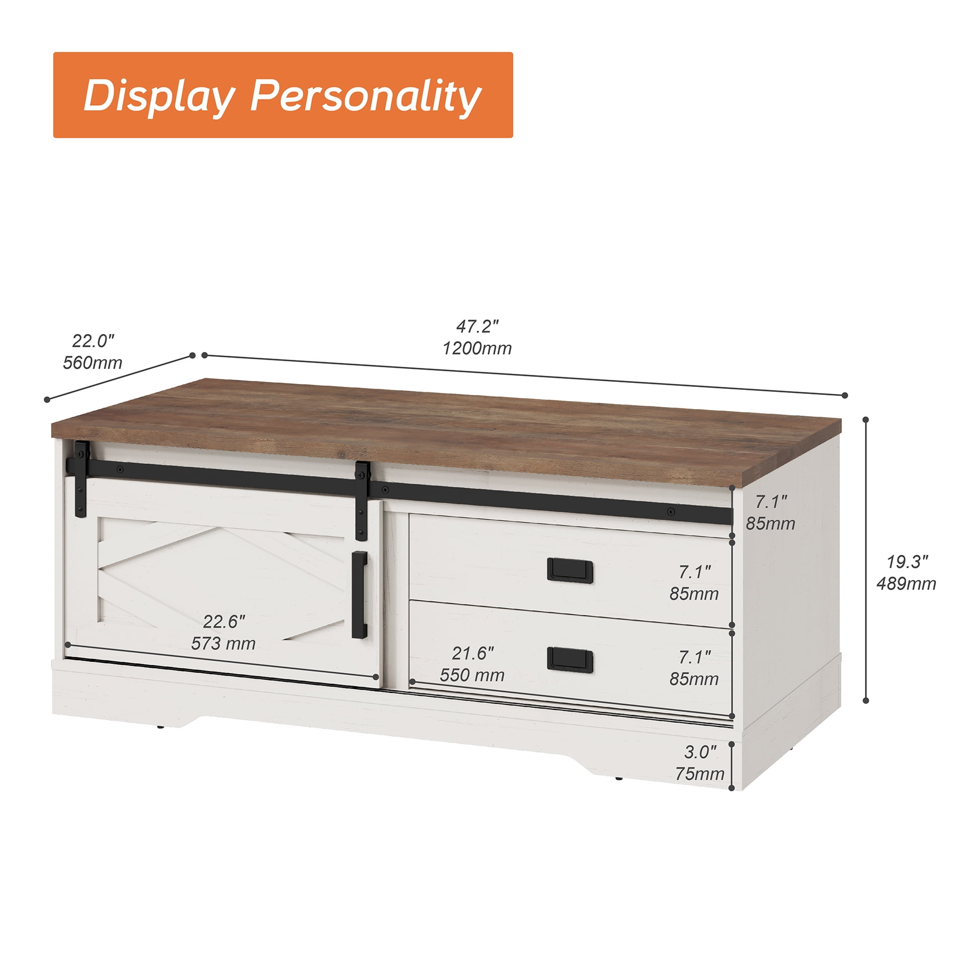 Rectangular Coffee Table with Sliding Barn Door, Center Table with Hidden Storage Compartment and Drawers for Living Room,Office,Antique White