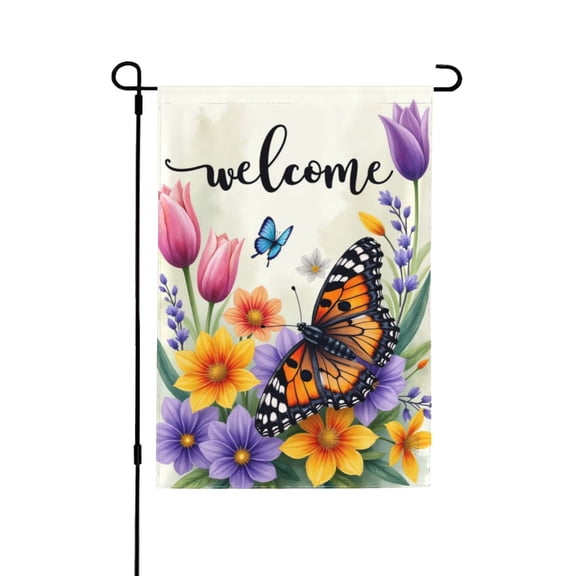 Welcome Spring Garden Flag Butterfly & Flowers Double Sided 12x18 Inch Outdoor Yard Decor, Seasonal Farmhouse Banner