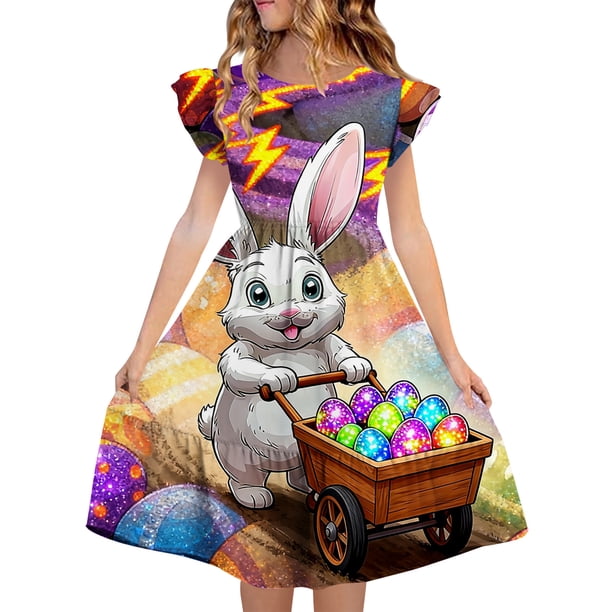 Vestido de Verano de Manga Corta Vestido de Manga Plisada de Doble Capa de Impresión de Verano para Niños de 5-14 Años
