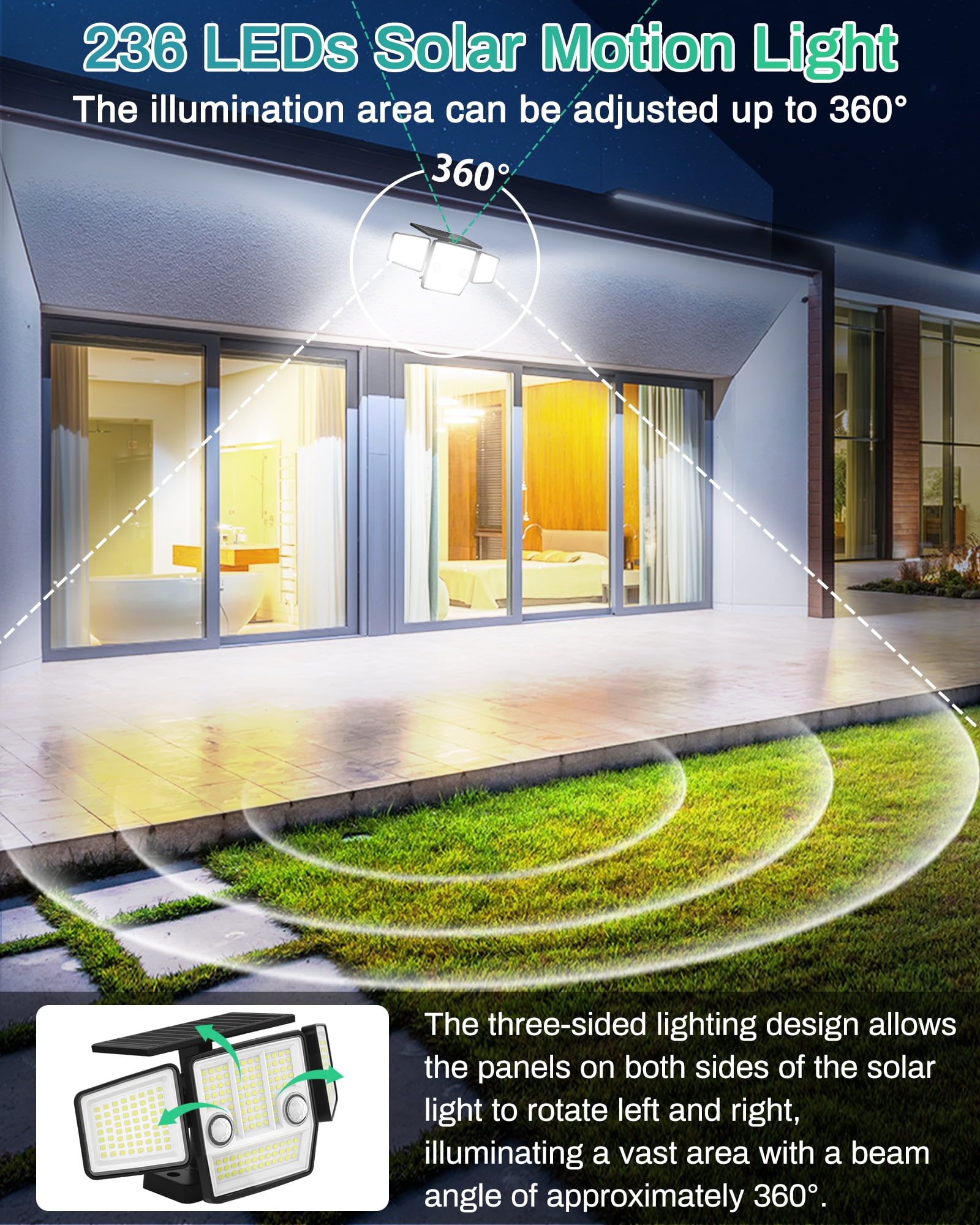HAARAY Solar Motion Sensor Outdoor Lights 2500LM with Ground Stake, 3-Head Adjustable 236 LED Super Bright Solar Wall Security Flood Lights Outdoor Waterproof IP65 for Outside House Porch, 1 Pack