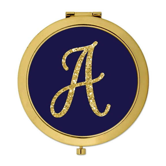Koyal Wholesale Gold Compact Mirror Bridesmaid's Wedding Gift, Navy Blue | Faux Gold Glitter, Monogram Letter A, 1-Pack