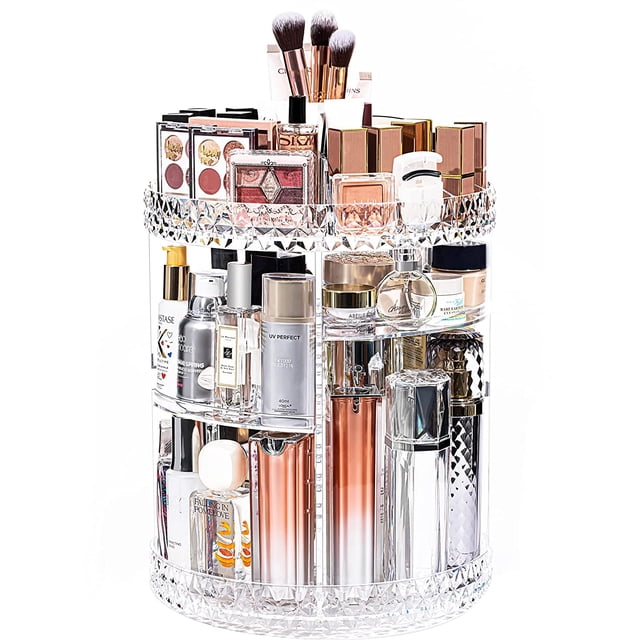 Organizador de maquillaje, organizador de almacenamiento de cosméticos giratorio de 360 grados, vitrina de maquillaje ajustable, se adapta a joyas, pinceles de maquillaje y lápices labiales, acrílico