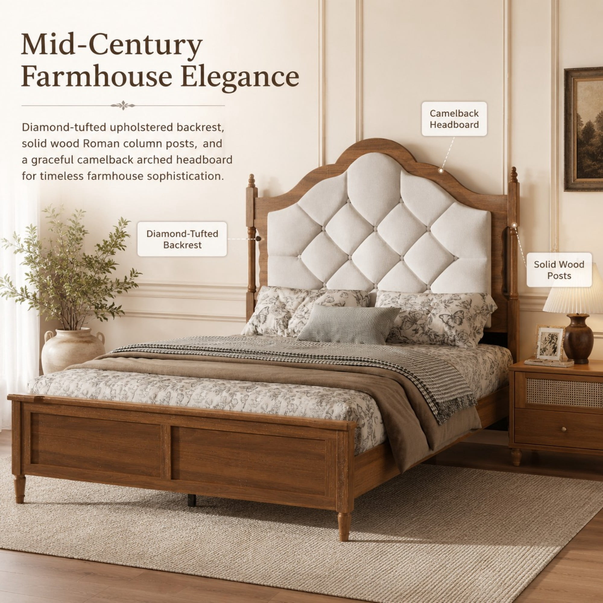 DEALTOPS Full Size Platform Bed Frame with Velvet Upholstered Headboard, Wood Farmhouse Bed, No Box Spring, Brown