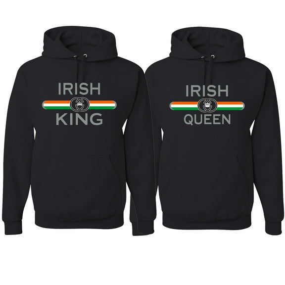 Wild Bobby, Irish King Queen Classic Ireland Pride His and Hers Matching Couples Hoodies Sweatshirt Set, Black, Mens S-Womens S