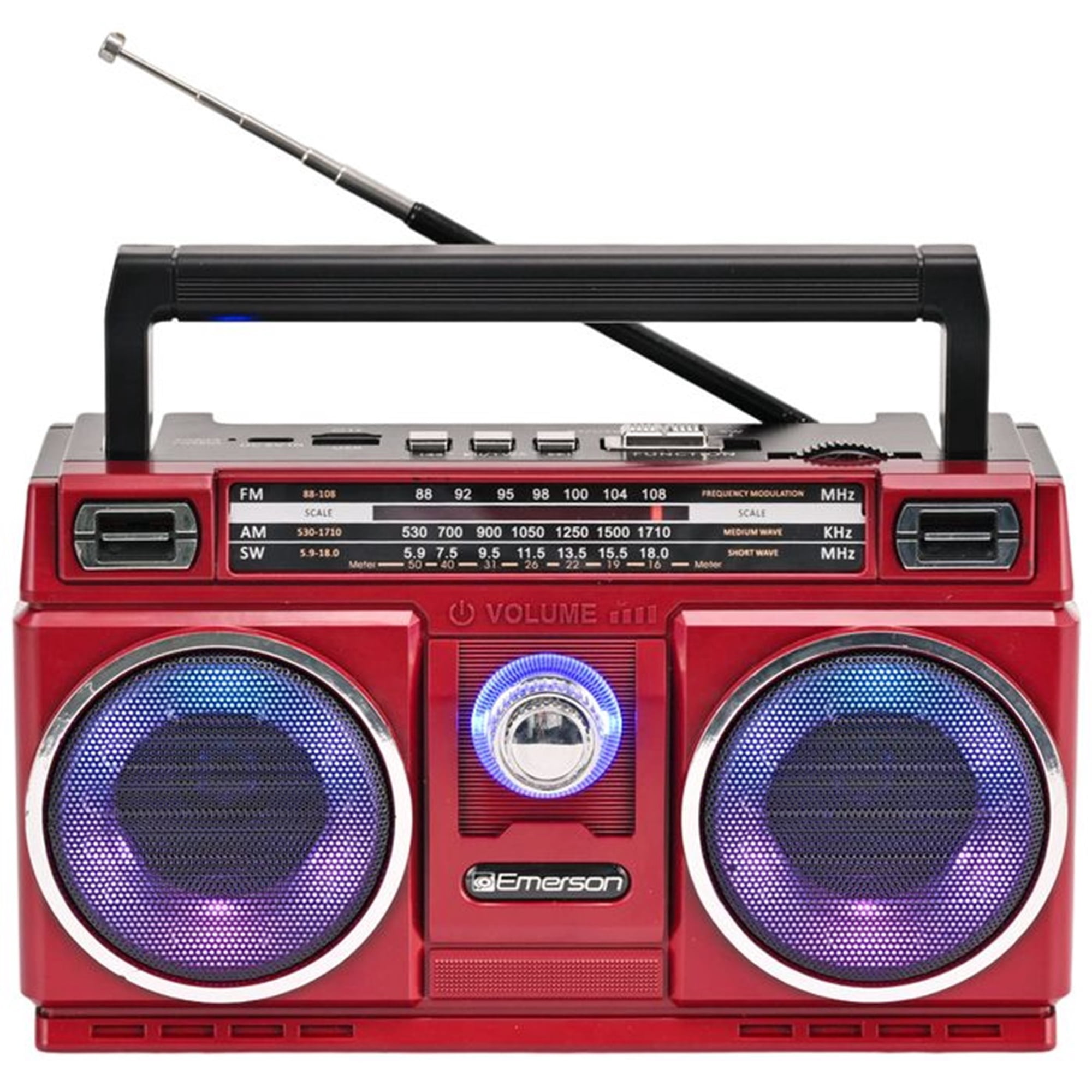 Emerson Portable Bluetooth Radio Boombox with 4-Band AM/FM/TV/SW Shortwave Radio, Rechargeable Battery, USB & TF Card MP3 Playback, and LED Color Lights