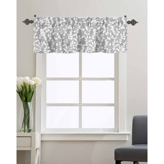 Window Valance Rod Pocket Short Curtain Panel White Leaves Vines Seamless Valances for Kitchen Windows,Gray Overlay Striped Back Curtain Valance Window Treatments Drapes for Bedroom Bathroom 54x18in