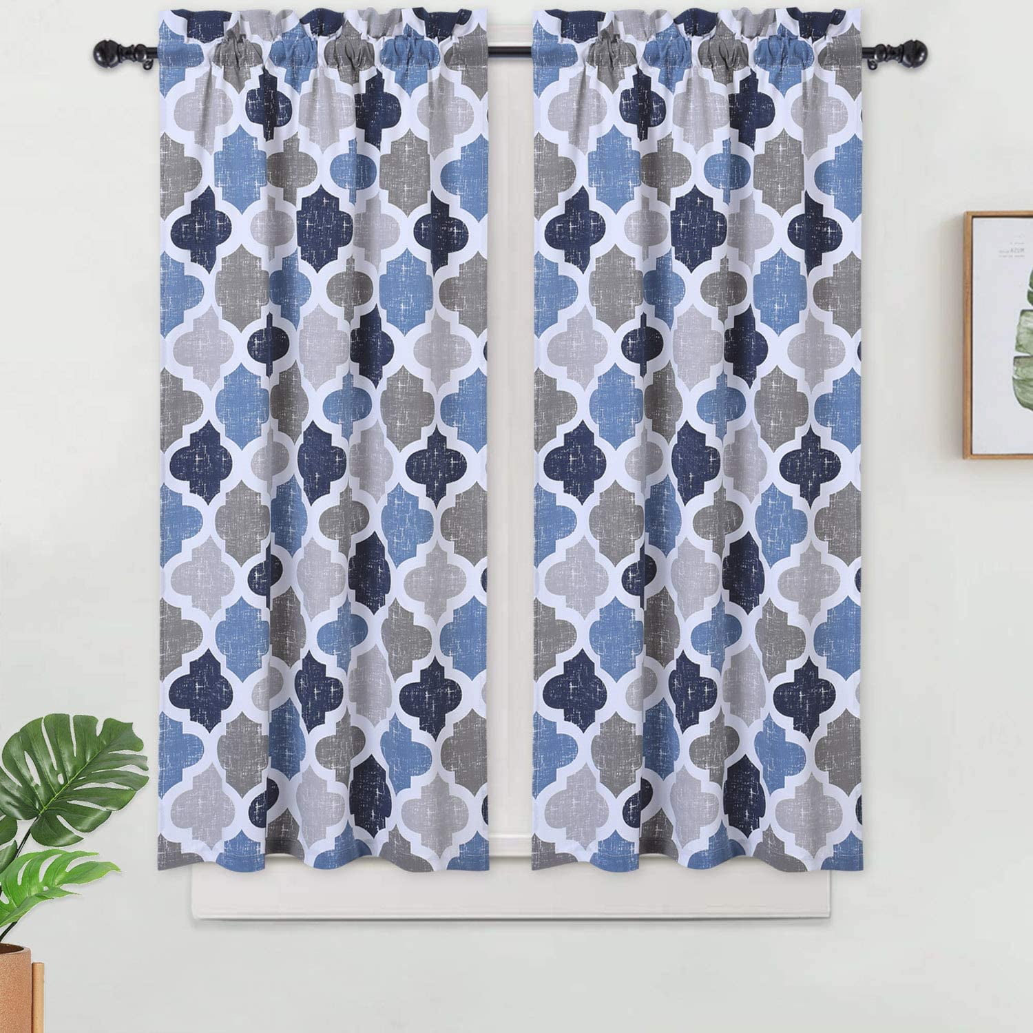 CAROMIO Cafe Curtains 36 Inch Length with Valance Quatrefoil Trellis Printed Cotton Blend Short Farmhouse Kitchen Curtains Bathroom Window Curtains Navy/Blue/Grey 