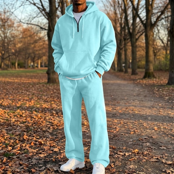 ASDFVBKG Mens Sweatsuits 2 Piece Set Tracksuit Jogger Hooded Zipper Fleece Autumn Athletic Long Sleeve Outfits Round Neck Suit Set Blue M