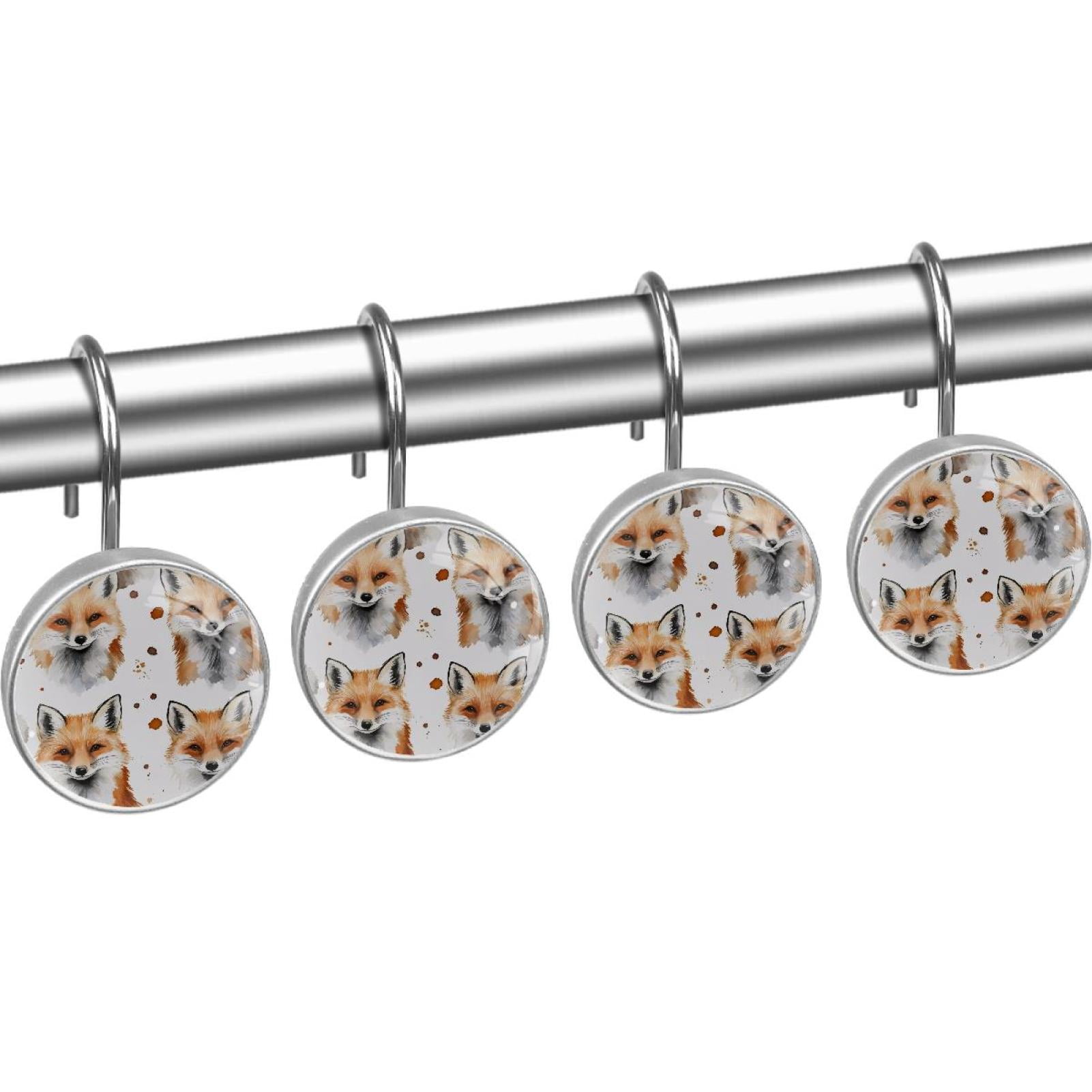 Watercolor Foxes Shower Curtain Hooks Round Crystal Glass, Set of 12 Shower Curtain Rings - Shower Hooks for Curtain Shower Rings
