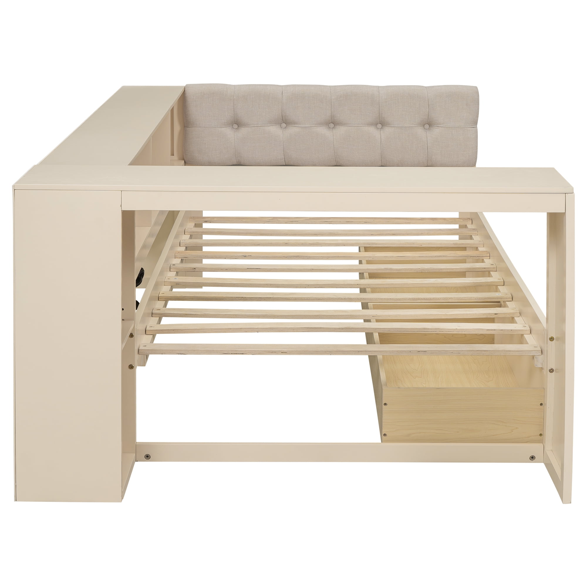 MAYEERTY Wood Twin Size Platform Bed with Storage Shelves, Drawers, Charging Station and Upholstered Headboard, Cream