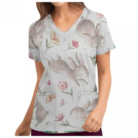 

Danhjin Womens Nursing Scrub Tops Easter Eggs Bunny Rabbit Printed Working Uniform Short Sleeve V Neck Workwear Blouse T-shirt with Pockets on Clearance