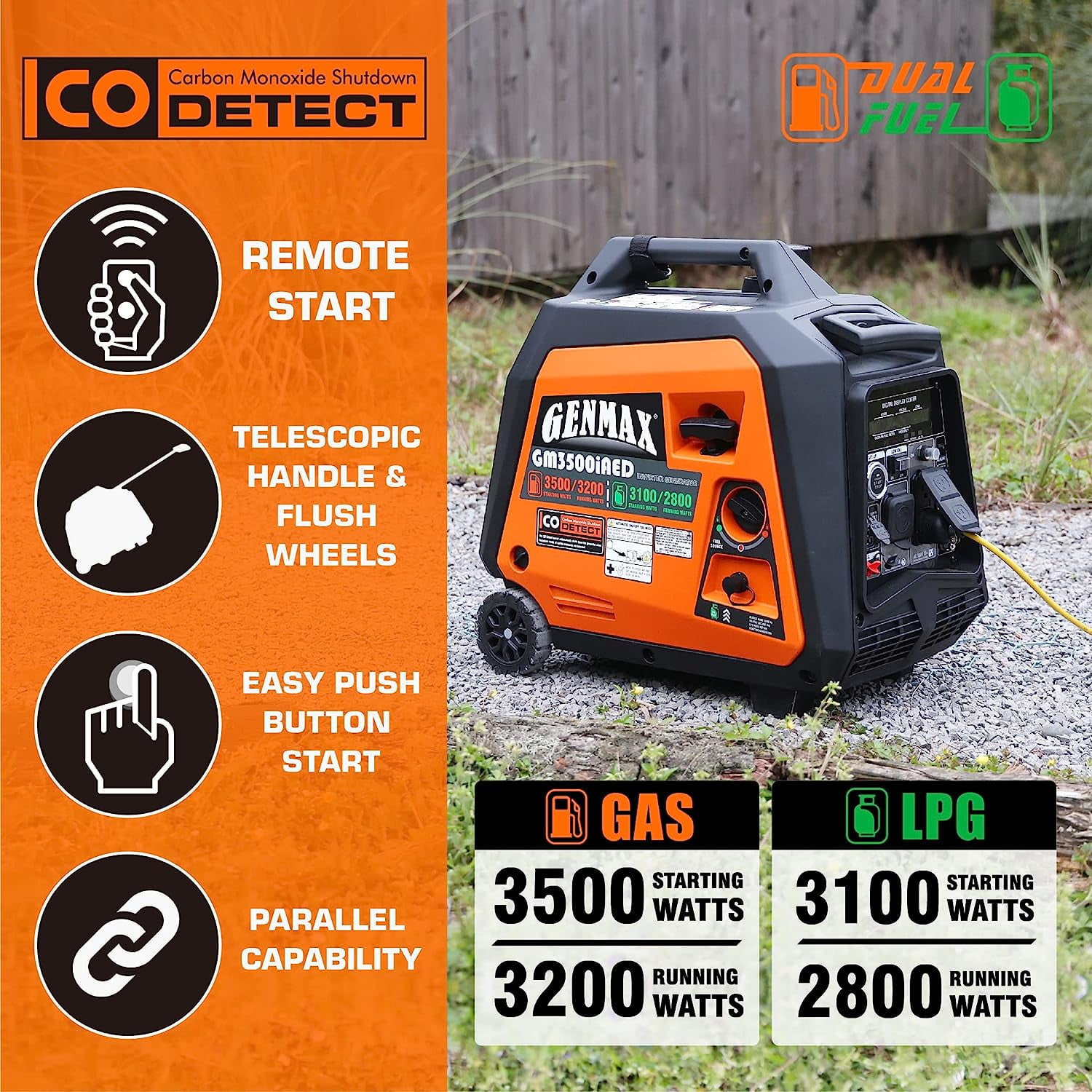 GENMAX Portable Inverter Generator, 3500W Super Quiet Gas or Propane Powered Engine with Parallel Capability, Remote/Electric Start, Ideal for Camping Travel Outdoor.EPA Compliant (GM3500iAED)