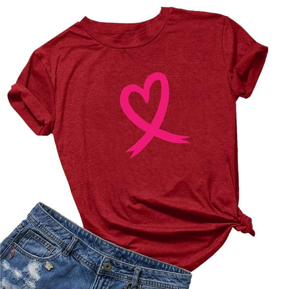 Homenesgenics Breast Cancer Awareness Shirts Plus Size for Women and Men Women's Lover Printed T-Shirt Round Neck Short Sleeved Tops Red XL