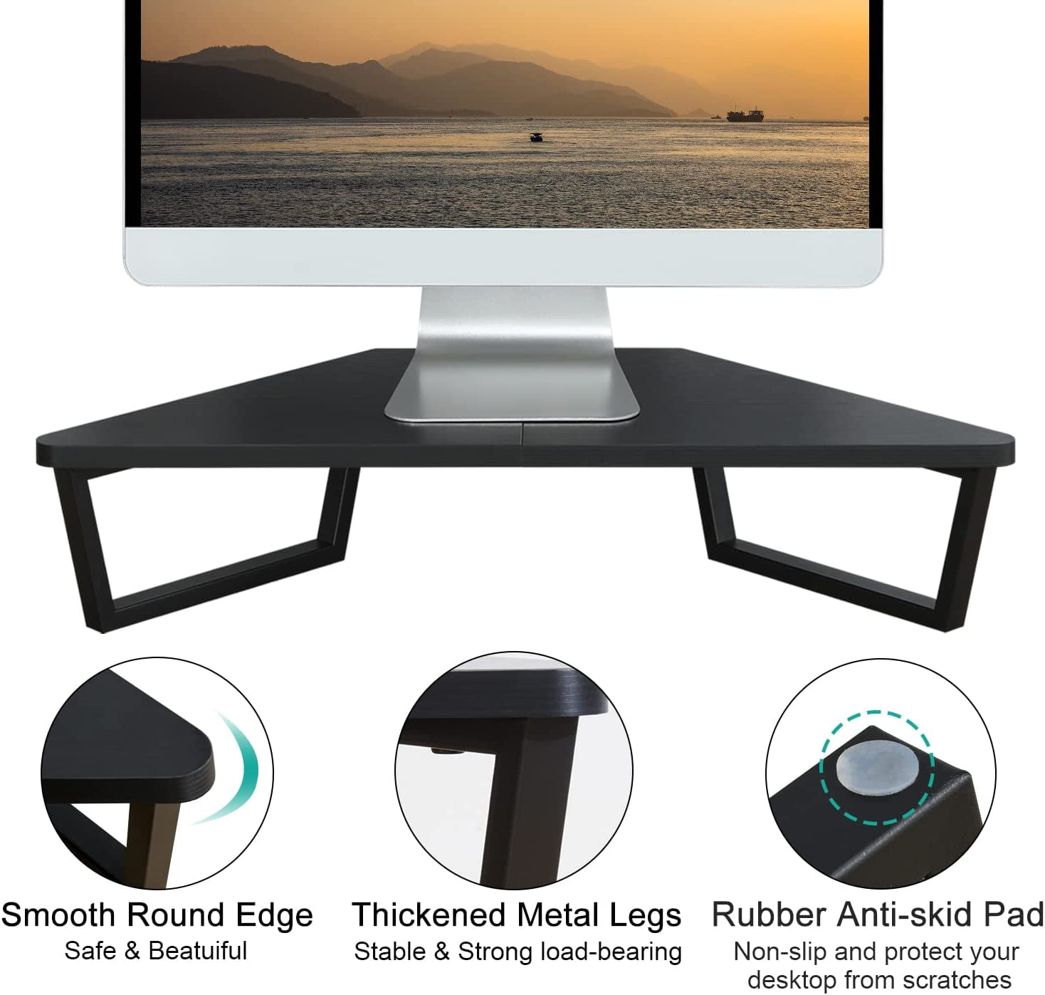 26 inch Triangle Monitor Stand Riser, Desktop Corner Shelf with Metal Leg Wood Computer Stand with Storage Laptop Riser Office Organization