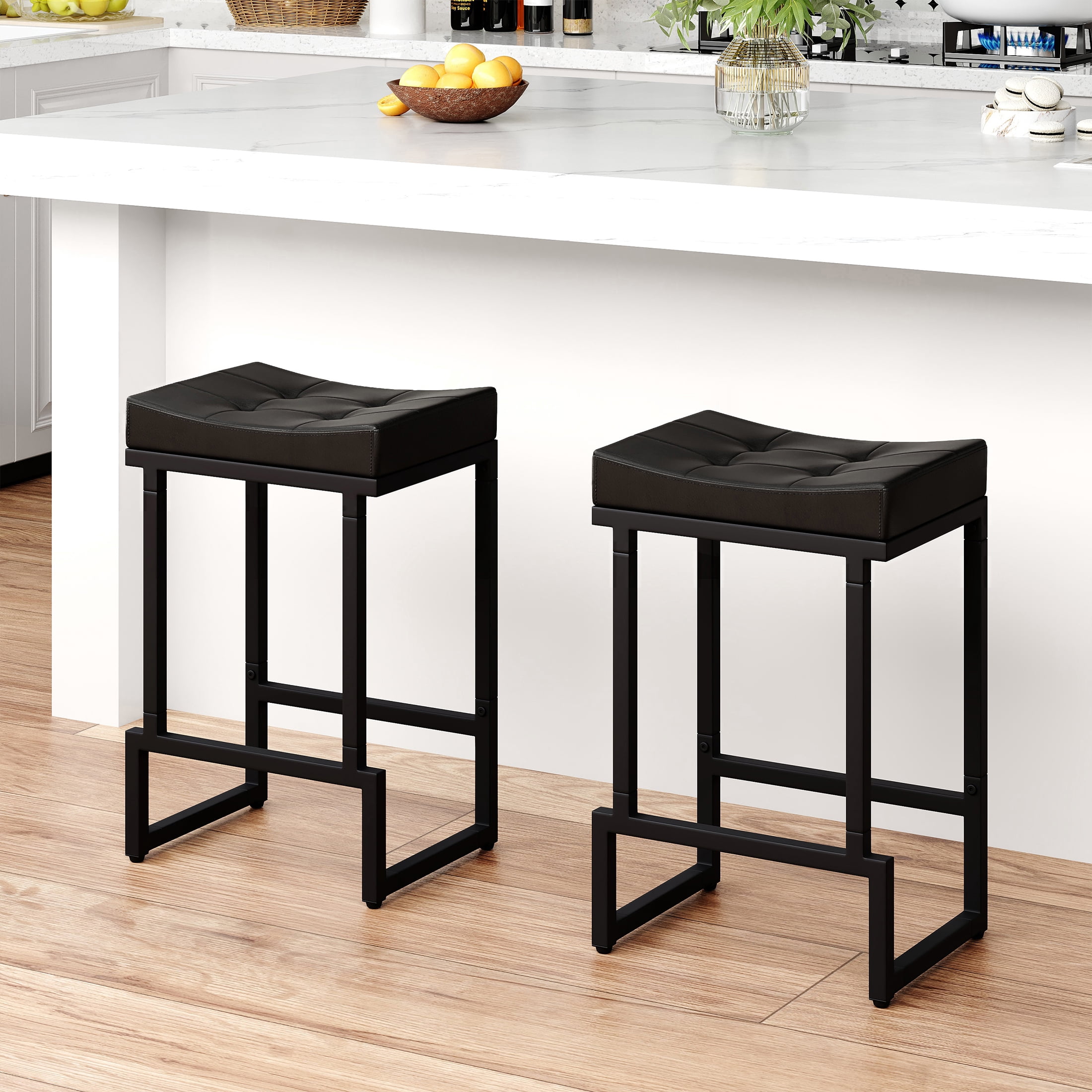 FIRAVOE Bar Stools Set of 2, 24" Counter Height Bar Stools (Backless) Faux Leather Saddle Counter Stools for Kitchen Island, Black
