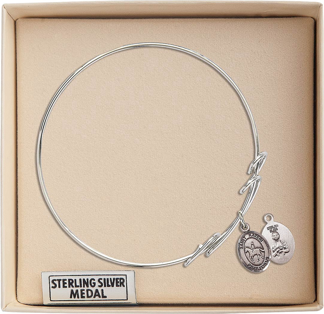 7 1/2 inch Round Double Loop Bangle Bracelet w/ St. Kateri/Equestrian in Sterling Silver