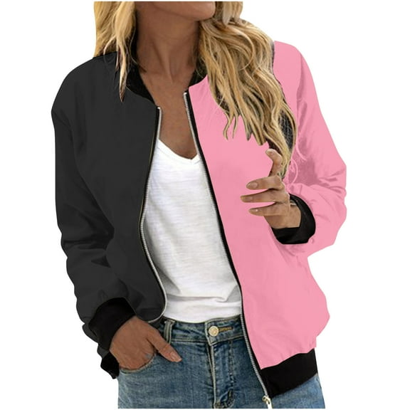Scyoekwg Womens Winter Jacket Casual Loose Color Block Patchwork Jacket Long Sleeve Coat Trendy Zipper Coat Cardigan (Pink,L)