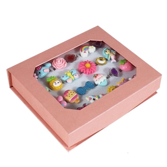 24pcs Kids Role Play Jewelry Rings Box Adjustable Rings Shimmering and Stylish Little Girl Jewelry Rings Crystal Flower