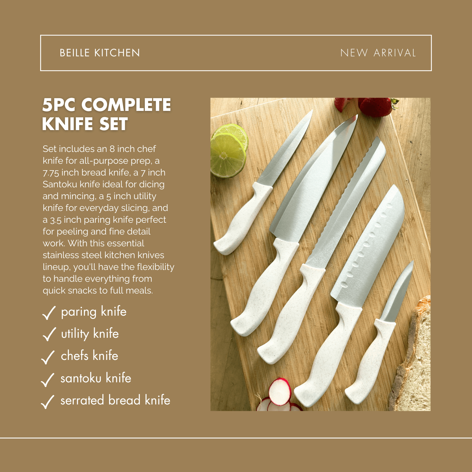 Beille 5pc Stainless Steel and Wheat Fiber Kitchen Knife Set (Utility, Paring, Santoku, Chef and Bread Knives)