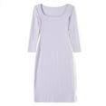 thumbnail image 3 of Women Long Bodycon Dress Solid Color Knitted Ribbed Square Neck Long Sleeve Dress Spring Fall Party Club Skinny Dress, 3 of 9
