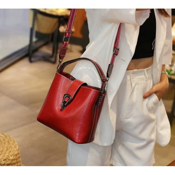 Bolso de cubo de cuero de cera de aceite Real para mujer, bolso de mano informal y Simple, bolso de gran capacidad para mujer, bolso de mano cruzado de moda