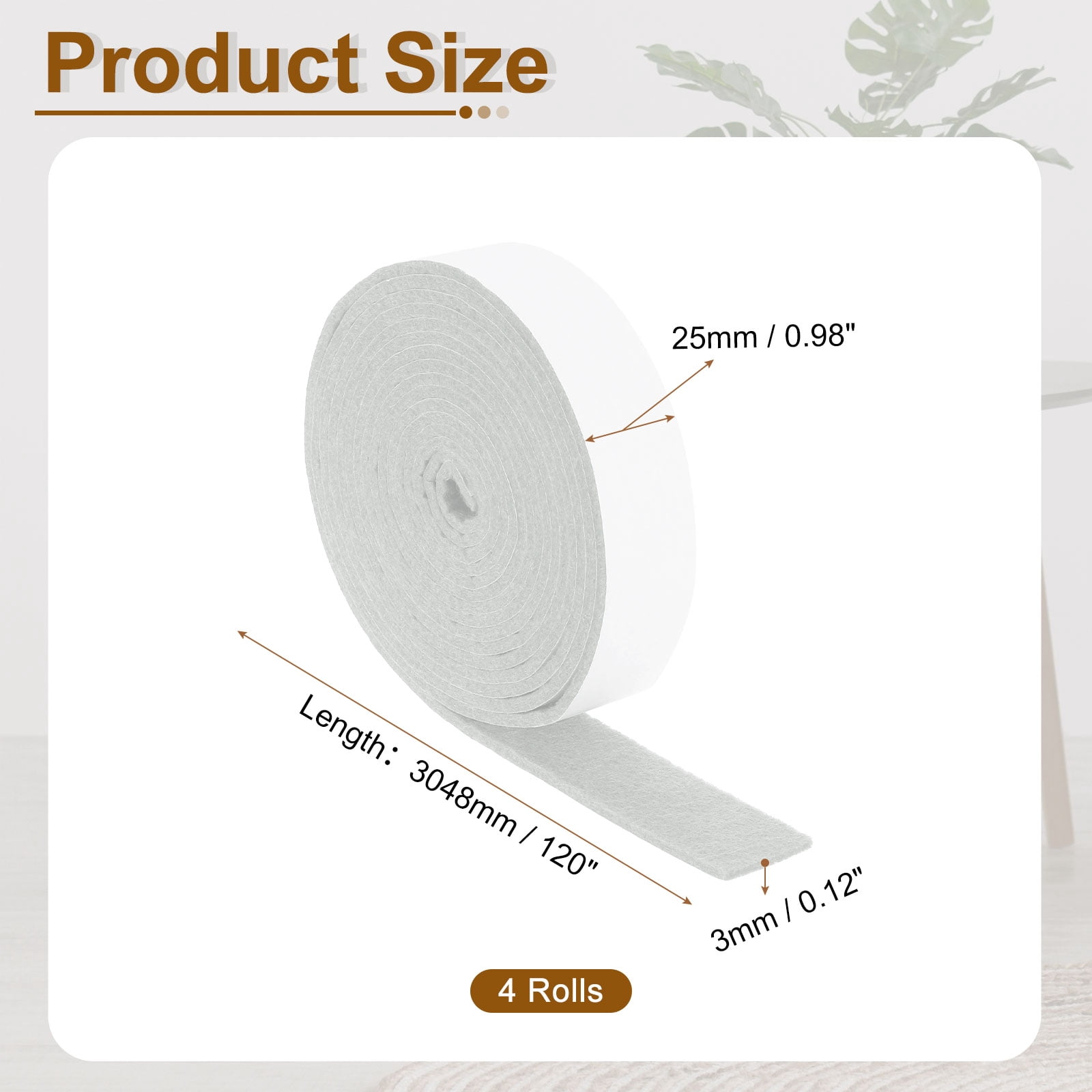 Felt Strips with Adhesive Backing, 4 Pack 1" x 120" x 0.12" Adhesive Felt Strips Anti Scratch Furniture Felt Tapes Self-Stick Felt Pads for Protecting Hardwood Floor, White