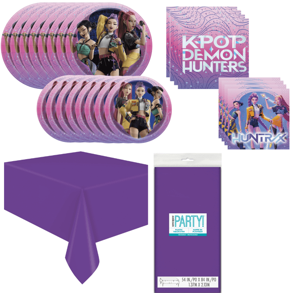 Kpop Demon Hunters Birthday Party Supplies Bundle, Official Licensed, 65pc Party Solution Value Pack, 16 Dessert Plates, 16 Dinner Plates, 32 Napkins & 1 Tablecloth, Easy All-in-One Decor