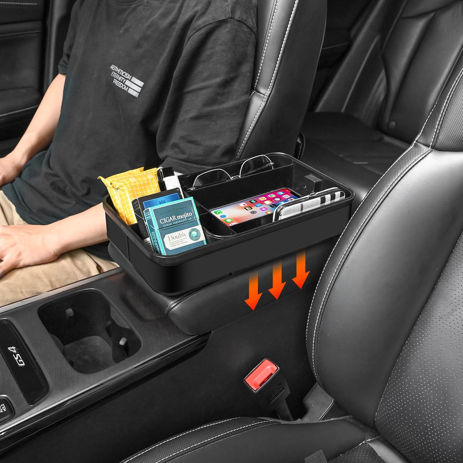 Car Armrest Extra Storage Box,Center Console Organizer,Dash Mount Phone Holder,Auto Rear Front Seat Organizer Tray, Small Caddy for Key,Sunglass,Wallets (Black)