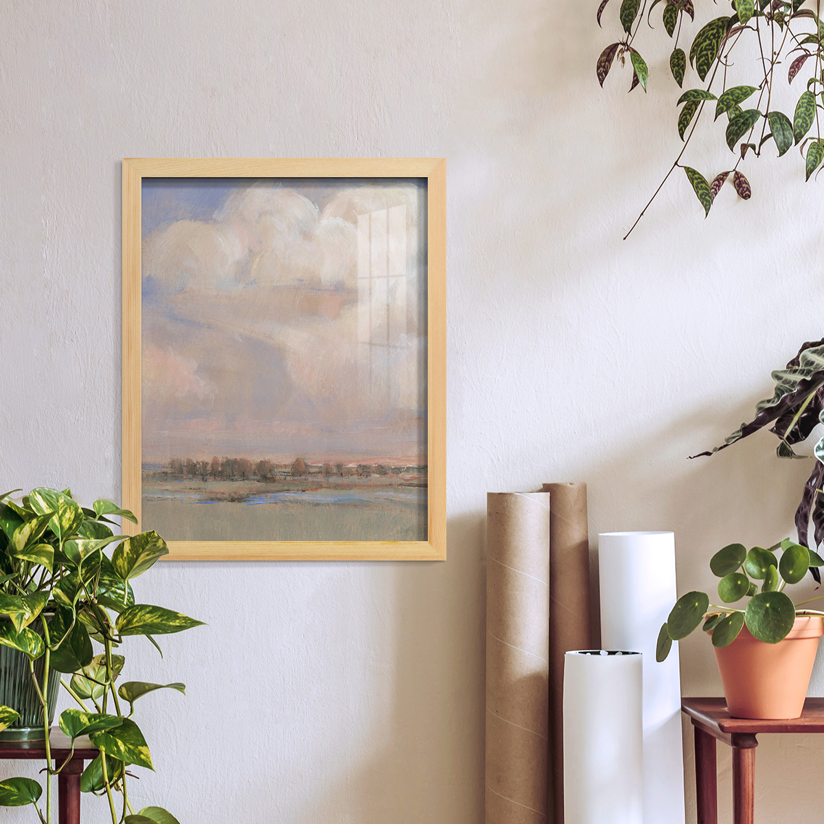Billowing Clouds II - Framed Print w/glass - Natural Wood
