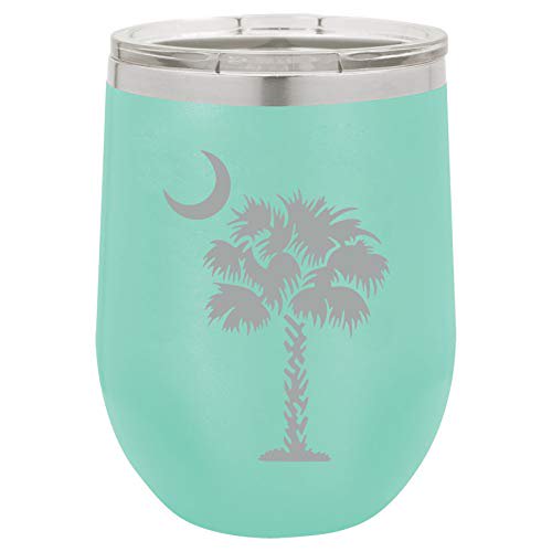 12 oz Double Wall Vacuum Insulated Stainless Steel Stemless Wine Tumbler Glass Coffee Travel Mug With Lid Palmetto Tree South Carolina Palm Moon (Teal)