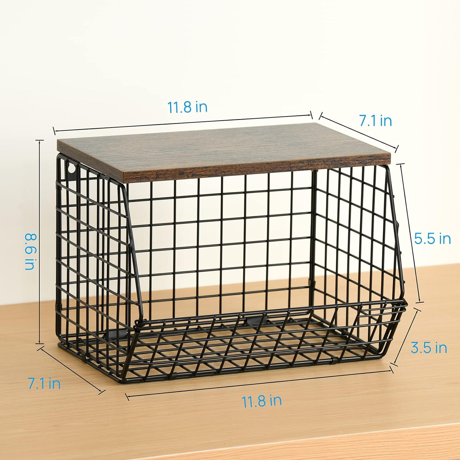 Wetheny 2pcs Fruit Basket Onion Storage Wire Basket with Wood Top- Wall Mounted & Stackable Kitchen Counter Organizer,Cabinet Organizer Bin for Potato,Produce,Bread,Snack Storage(Matte Black)