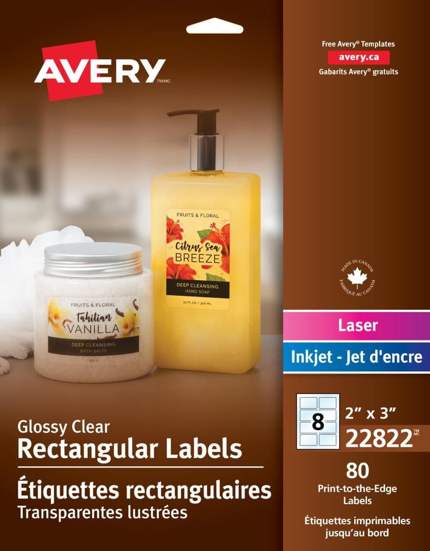 Avery Glossy Clear Rectangle Labels, 2" x 3", for Laser and Inkjet Printers - 22822