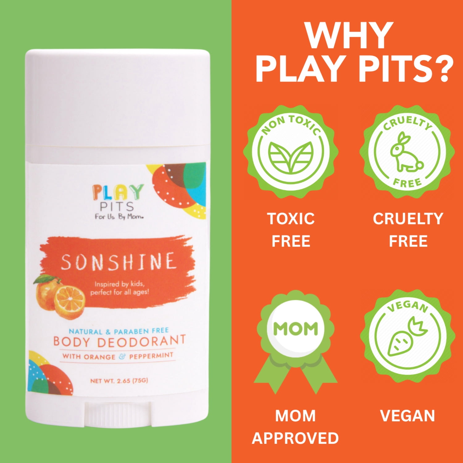 Play Pits – Natural Kids Whole Body Deodorant – Sonshine Scent – Infused W/Orange Essential Oils-2pk