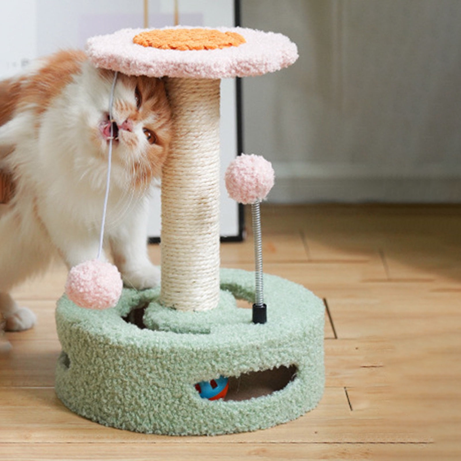 DOPI Cat Climbing Frame Sunflower Shape Tear-resistant Sisal Cartoon Kitten Scratching Post with Pompom Pet Supplies